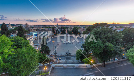 Aerial view of the large urban square, the Piazza del Popolo day to night timelapse, Rome after sunset 120221317
