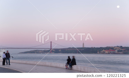 Bridge 25 de Abril on river Tagus during sunset, Lisbon, Portugal timelapse Bridge 25 de Abril on river Tagus during sunset, Lisbon, Portugal timelapse 120221325