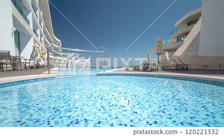 Hotel small swimming pool with sunny reflections timelapse, Sesimbra, Portugal Hotel small swimming pool with sunny reflections timelapse, Sesimbra, Portugal 120221332