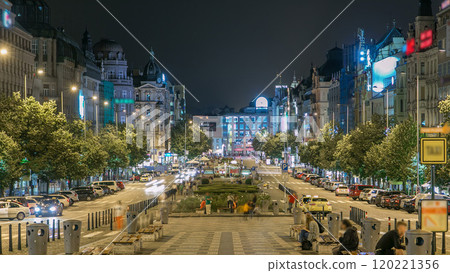 Wenceslas Square in Prague at night timelapse, dusk time, top view. Wenceslas Square in Prague at night timelapse, dusk time, top view. 120221356