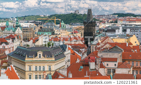 Aerial view of the traditional red roofs of the city of Prague, Czech Republic with the Powder tower and Vitkov Hill in the distance timelapse. Aerial view of the traditional red roofs of the city of Prague, Czech Republic with the Powder tower and Vitkov Hill in the distance timelapse. 120221361