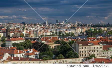 Panorama of Prague Old Town with red roofs timelapse, famous Charles bridge and Vltava river, Czech Republic. Panorama of Prague Old Town with red roofs timelapse, famous Charles bridge and Vltava river, Czech Republic. 120221370