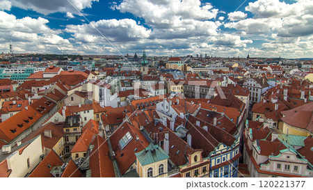 Aerial timelapse view of the traditional red roofs of the city of Prague, Czech Republic with the church of St. Jilji Aerial timelapse view of the traditional red roofs of the city of Prague, Czech Republic with the church of St. Jilji 120221377