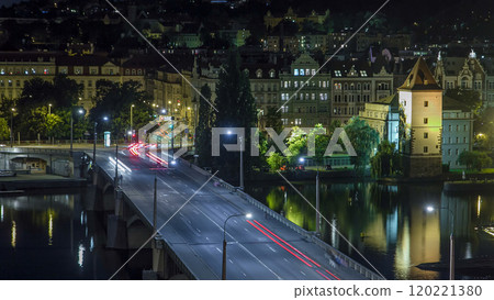 Jirasek Bridge on the Vltava river night timelapse in Prague, Czech Republic Jirasek Bridge on the Vltava river night timelapse in Prague, Czech Republic 120221380