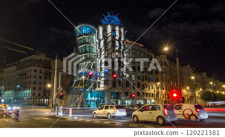 Metropolises Prague at night timelapse hyperlapse in the twilight, modern architecture, Czech republic. Metropolises Prague at night timelapse hyperlapse in the twilight, modern architecture, Czech republic. 120221381