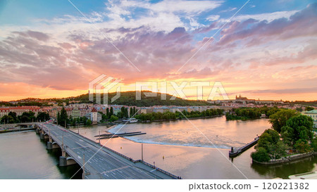 The View on Prague Hill Petrin timelapse with Owl's Mills after Sunset with beautiful colorful sky, Czech Republic 120221382