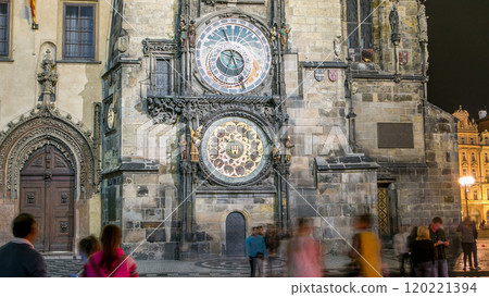 Night view of the medieval astronomical clock in the Old Town square timelapse in Prague 120221394