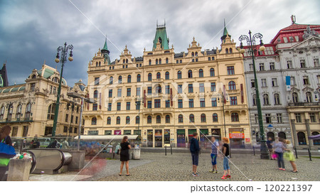 Art Nouveau buildings timelapse hyperlapse in Old Town by Prague Namesti Republiky station. Prague, Czech Republic Art Nouveau buildings timelapse hyperlapse in Old Town by Prague Namesti Republiky station. Prague, Czech Republic 120221397