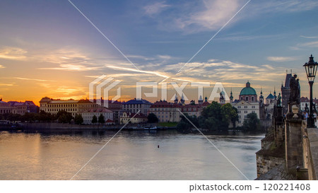 View from Charles Bridge in Prague during the sunrise timelapse, Bohemia, Czech Republic. View from Charles Bridge in Prague during the sunrise timelapse, Bohemia, Czech Republic. 120221408