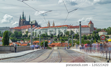 Red tram passing on Manes Bridge timelapse and famous Prague Castle on the background in Prague, Czech Republic. Red tram passing on Manes Bridge timelapse and famous Prague Castle on the background in Prague, Czech Republic. 120221420