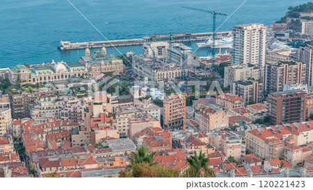 Cityscape of Monte Carlo, Monaco day to night timelapse with roofs of buildings after summer sunset. Cityscape of Monte Carlo, Monaco day to night timelapse with roofs of buildings after summer sunset. 120221423