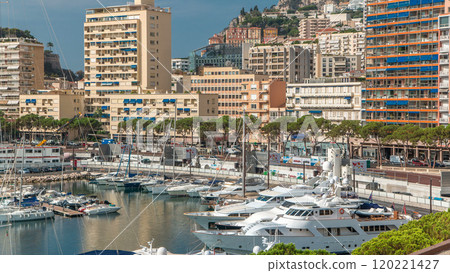 Monte Carlo city aerial panorama timelapse. View of luxury yachts and apartments in harbor of Monaco, Cote d'Azur. Monte Carlo city aerial panorama timelapse. View of luxury yachts and apartments in harbor of Monaco, Cote d'Azur. 120221427