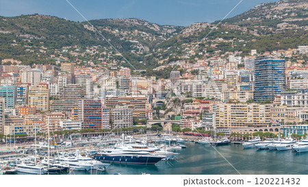 Monte Carlo city aerial panorama timelapse. View of luxury yachts and apartments in harbor of Monaco, Cote d'Azur. 120221432
