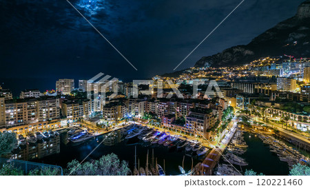 Panoramic view of Fontvieille night timelapse - new district of Monaco. 120221460