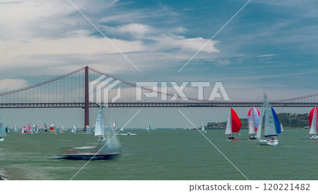 Sailfishes on the Tagus river with 25th of April Suspension Bridge on background timelapse Sailfishes on the Tagus river with 25th of April Suspension Bridge on background timelapse 120221482