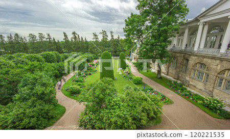 Antique gallery with sculptures and garden in the Catherine park timelapse, Saint-Petersburg. 120221535