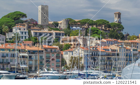 View of medieval Castre Castle and harbor with yachts timelapse. View of medieval Castre Castle and harbor with yachts timelapse. 120221541