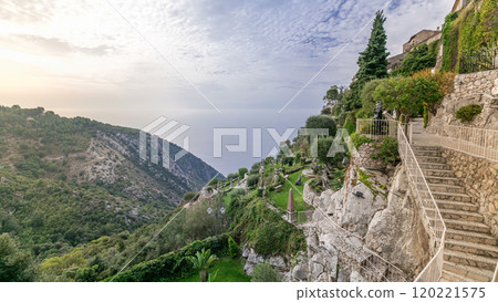 Morning timelapse view of the town of Eze village on the French Riviera 120221575