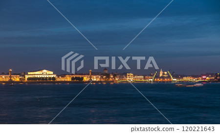 Night view of spit of Vasilyevsky Island and opened Birzhevoy Bridge with rostral column timelapse, Saint Petersburg, Russia. 120221643