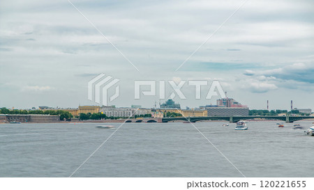 View of the Trinity Bridge in St. Petersburg over the Neva River timelapse. 120221655