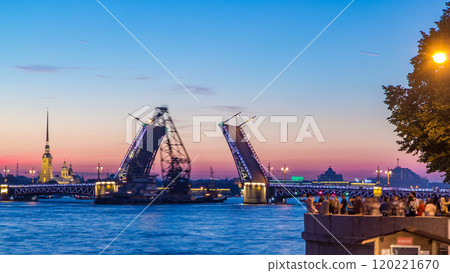 View of the closing Palace Bridge timelapse, which spans - the spire of Peter and Paul Fortress 120221670