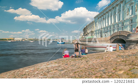 People on the Hermitage Bridge and stairs near the Neva River timelapse. 120221681