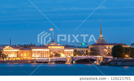 Quay of river Neva with building of Admiralty and Palace bridge timelapse at wthite night. St. Petersburg, Russia 120221701