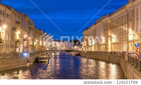 Night view of the Moyka River Quay with bridge timelapse. Saint Petersburg, Russia. 120221709