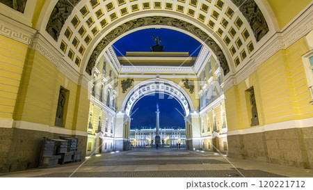 View of the Alexander Column through the arch of the General Staff timelapse hyperlapse. 120221712