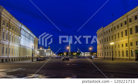 Palace Square and Alexander column timelapse hyperlapse in St. Petersburg at night, Russia. 120221713