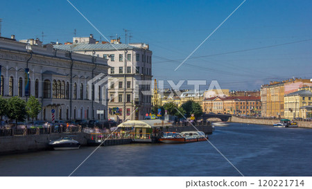 Embankment of Fontanka River timelapse hyperlapse, view from the Anichkov bridge, Saint-Petersburg, Russia 120221714