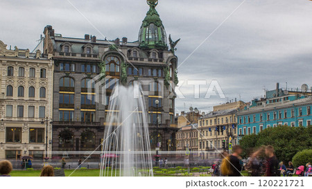 Singer House and fountain in front of it near Kazan Cathedral timelapse. St. Petersburg, Russia 120221721
