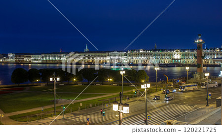 The Palace embankment and the rostral column timelapse June night. St. Petersburg, Russia The Palace embankment and the rostral column timelapse June night. St. Petersburg, Russia 120221725