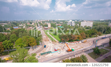 Road construction site with tram tracks repair and maintenance aerial timelapse. 120221750