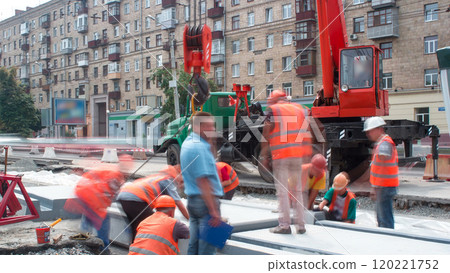 Road construction site with tram tracks repair and maintenance timelapse. 120221752