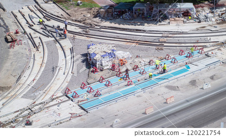 Road construction site with tram tracks repair and maintenance aerial timelapse. 120221754
