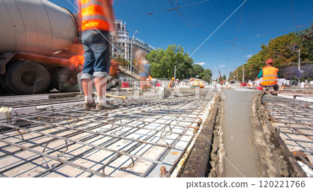 Road construction site with tram tracks repair and maintenance timelapse hyperlapse. Road construction site with tram tracks repair and maintenance timelapse hyperlapse. 120221766
