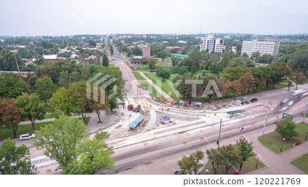 Road construction site with tram tracks repair and maintenance aerial timelapse. 120221769