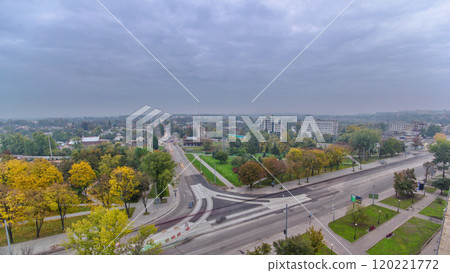 Road intersection with reconstructed tram tracks aerial panoramic timelapse. 120221772