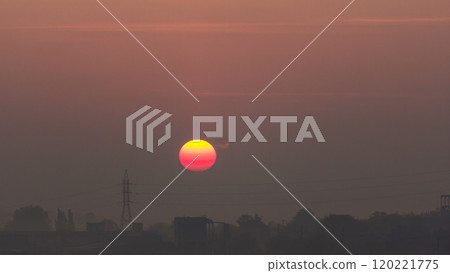 Sunrise at city with high-voltage power transmission line timelapse Sunrise at city with high-voltage power transmission line timelapse 120221775