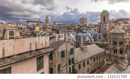 Aerial panoramic view of european city Genoa timelapse from above of old historical centre quarter districts, Liguria, Italy Aerial panoramic view of european city Genoa timelapse from above of old historical centre quarter districts, Liguria, Italy 120221780
