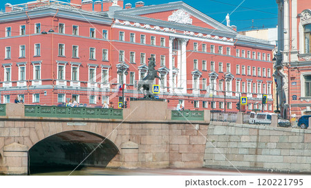 Anichkov Bridge is first and most famous bridge across Fontanka River timelapse. SAINT PETERSBURG, RUSSIA Anichkov Bridge is first and most famous bridge across Fontanka River timelapse. SAINT PETERSBURG, RUSSIA 120221795