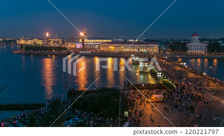 Night view of spit of Vasilyevsky Island and Birzhevoy Bridge with rostral column timelapse, Saint Petersburg, Russia. Night view of spit of Vasilyevsky Island and Birzhevoy Bridge with rostral column timelapse, Saint Petersburg, Russia. 120221797