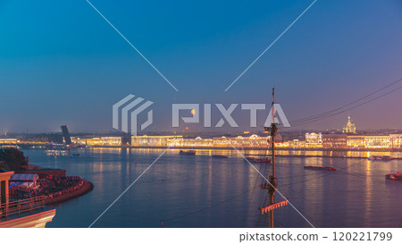 Fireworks timelapse over the city of St. Petersburg Russia on the feast of Scarlet Sails, view from rooftop. 120221799