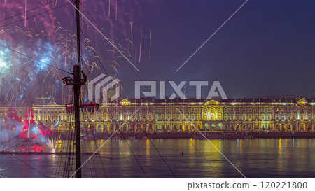 Fireworks timelapse over the city of St. Petersburg Russia on the feast of Scarlet Sails, view from rooftop. 120221800