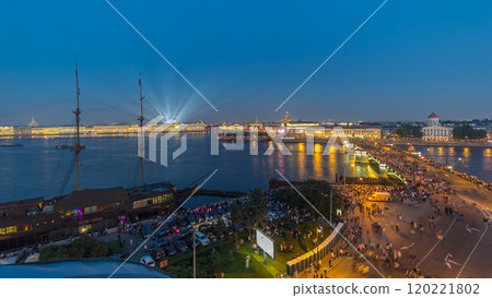 Night view of spit of Vasilyevsky Island and Birzhevoy Bridge with rostral column timelapse, Saint Petersburg, Russia. Night view of spit of Vasilyevsky Island and Birzhevoy Bridge with rostral column timelapse, Saint Petersburg, Russia. 120221802