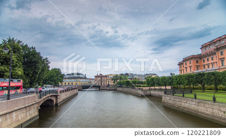 View of the Embankment of the river Moyka and Mikhailovsky Castle timelapse hyperlapse. Saint Petersburg. Russia. View of the Embankment of the river Moyka and Mikhailovsky Castle timelapse hyperlapse. Saint Petersburg. Russia. 120221809