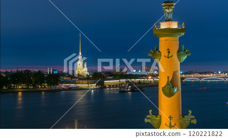 The front view of the top of the rostral column, Peter and Paul Cathedral and the Neva timelapse. 120221822