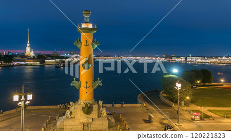 The front view of the top of the rostral column, Peter and Paul Cathedral and the Neva timelapse. 120221823