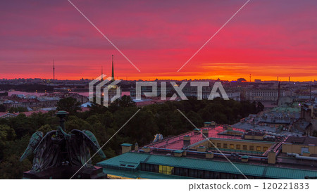 Sunrise over historic center from the colonnade of St. Isaac's Cathedral timelapse. 120221833